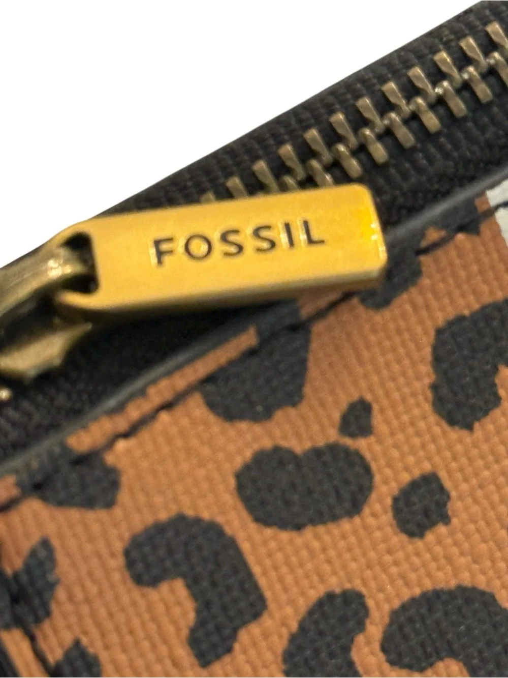 Fossil Leopard Black White Stripe Zip Card Holder Gold Keyring